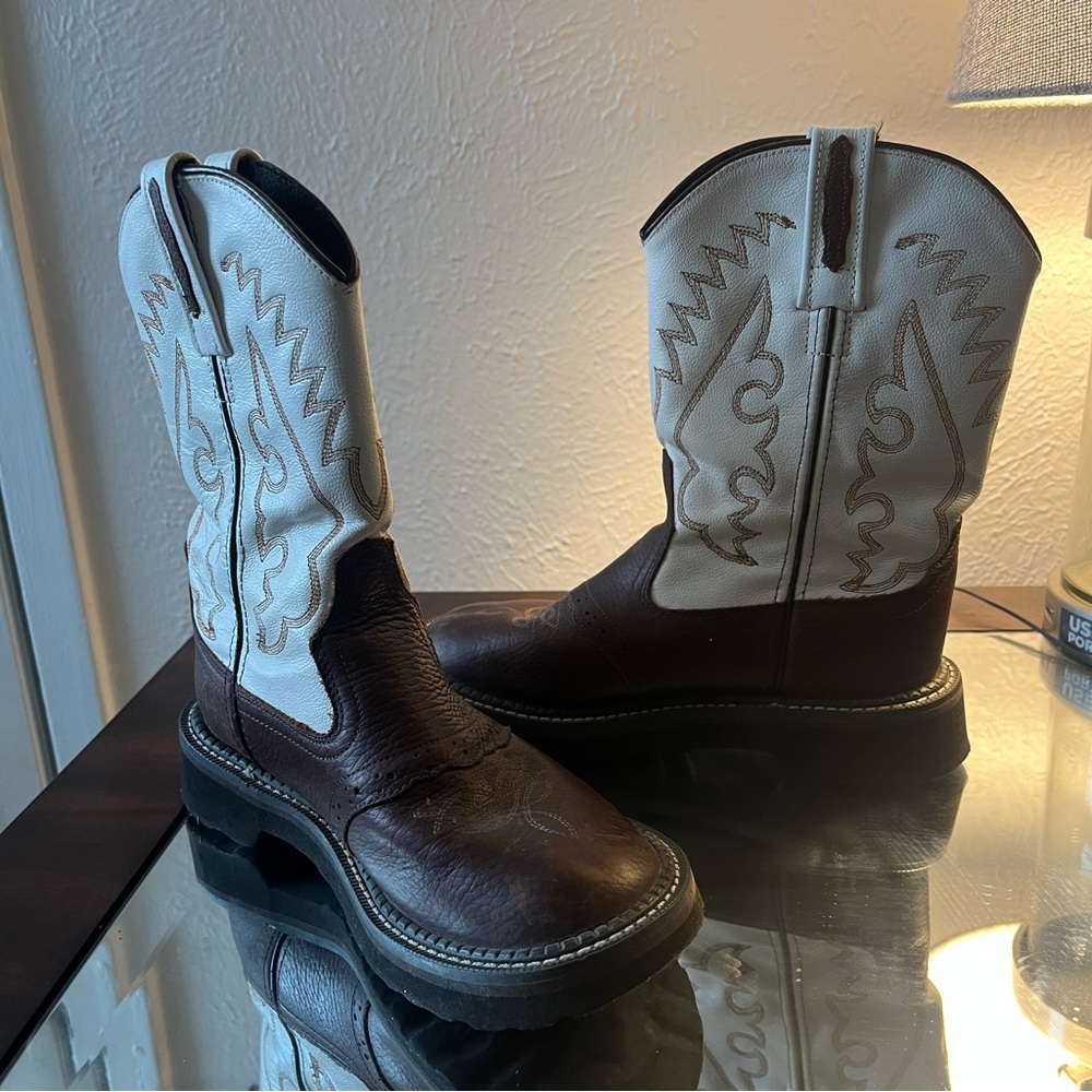 Old West Youth Cowboy Boots Size 3 youth Brown & White Western Wear TB2236